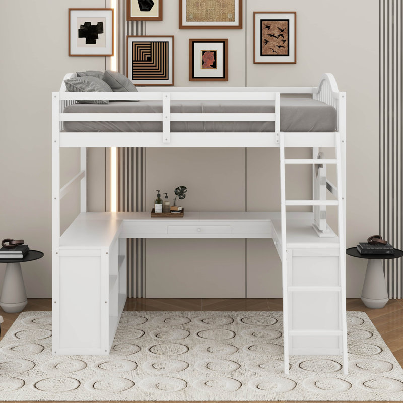 Lit mezzanine double en bois avec bureau