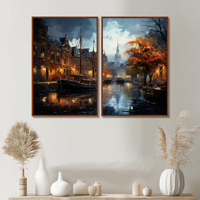 Danemark, Amsterdam, canal, nuit, II - Danemark, ensemble de 2 grandes impressions sur toile