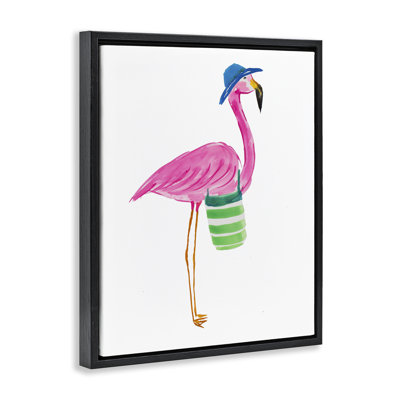 Flamant rose avec sac de plage, toile flottante encadrée par Julie DeRice