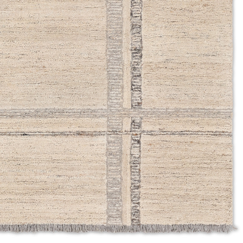  Tapis rayé ivoire et gris fait à la main Bilal HAD08 (6 pi x 9 pi)