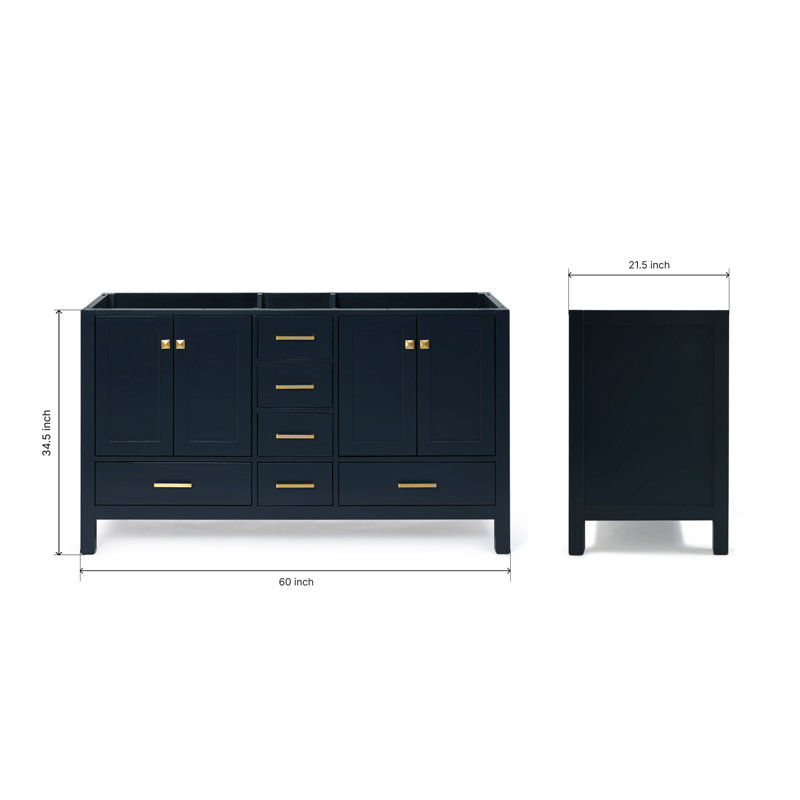 Cambridge 60'' W Double Bathroom Vanity Base, Midnight Blue, Satin Brass
