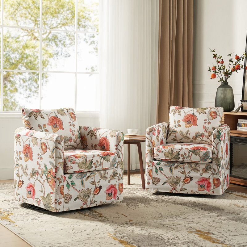 Nicha Floral Upholstered Slipcovered Swivel Barrel Chair (Set Of 2), Floral Polyester Blend