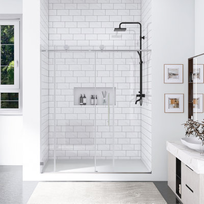 55-60 In. W × 76 In. H Frameless One Fixed And One Shifted Shower Door  In Brushed Nickel | 5/16" 8MM Tempered Glass  With Stick Explosion-Proof Menbrance |  70MM 304 Stainless Steel Large Pulleys With Adjustable Soft Closing Function