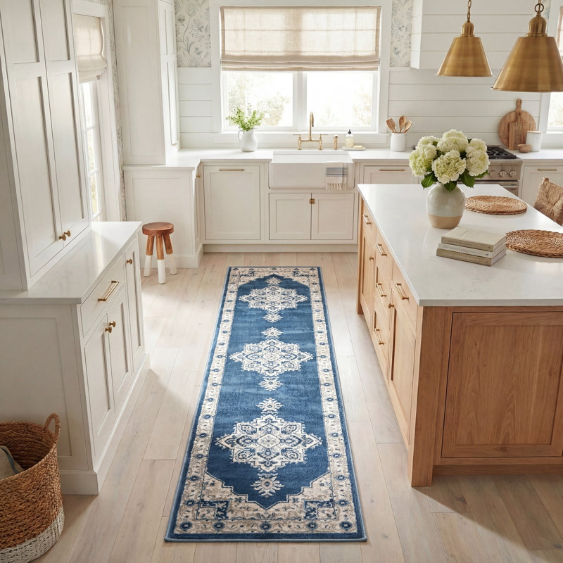 Aurelle Oriental Navy/Creme Area Rug, Runner 2' x 8'