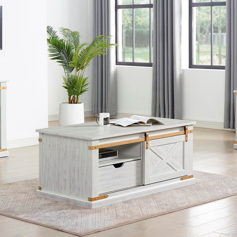Table basse de salon de style rustique blanc antique 1 pièce avec tablettes ouvertes
