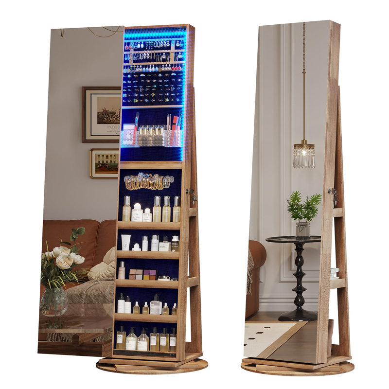 Modern Wood Jewellery Armoire With Rotating Mirror And LED Lights, Brown