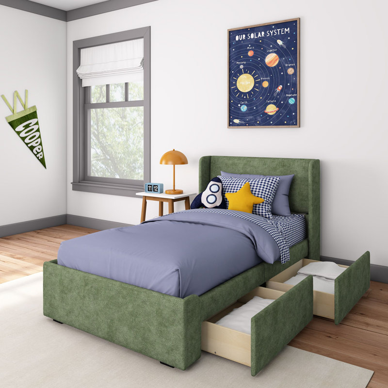 Solid Wood Upholstered Bed with Rectangular Headboard with 2 Drawer Side Storage, Twin, Green