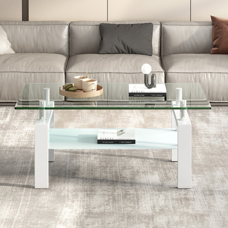 Table basse rectangulaire moderne en verre trempé noir, 100 cm (L) x 55 cm (P) x 45 cm (H), avec tablette de rangement inférieure.