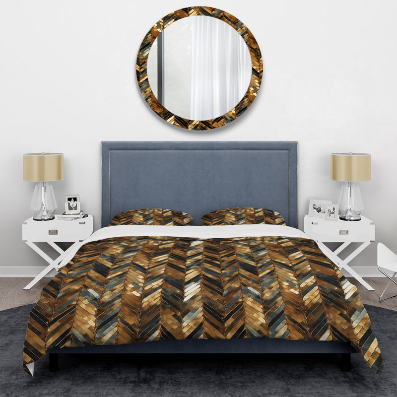 Ensemble de housse de couette dorée et noire à chevrons dorés, Housse de couette pour grand lit et 2 taies décor