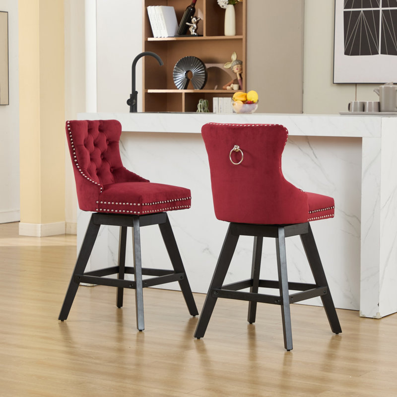 Tabourets de bar pivotants en velours avec décoration capitonnée à boutons et pieds en bois (sans table), Rouge vin
