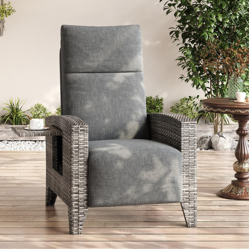 Fauteuil inclinable d'extérieur en osier avec dossier et repose-pieds réglables, fauteuil de patio avec table rabattable et coussin, structure en acier