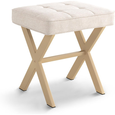 Square Linen Makeup Stool, Metal X Legs, Small Ottoman Stool Chair For Vanity, Modern Padded Seat Foot Rest For Makeup Room, Bathroom