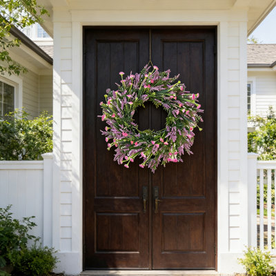 20 Inch Lavender Wreath for Front Door - Spring Summer Purple Flower Wreath with Forsythia, All Seasons Everyday Wreath for Indoor Outdoor, Rustic Farmhouse Door Wreaths for All Year Round