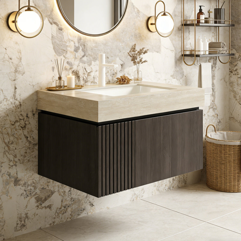 Meuble-lavabo flottant avec espace de rangement multifonctionnel et trou de robinet simple, 30", Espresso