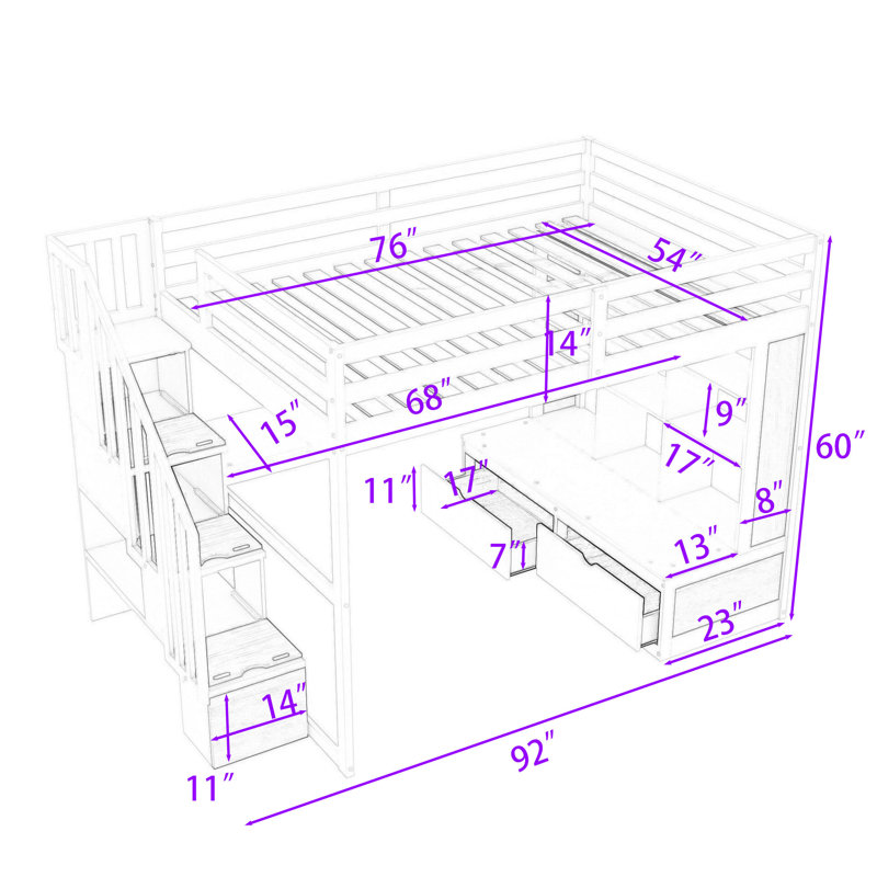 Full Wood Loft Bed With Desk, Shelves, And 2 Drawer Storage Staircase, White/Natural