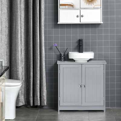Armoire sous l'évier - gris, meuble-lavabo de salle de bain avec découpe en U et tablette réglable pour une hygiène quotidienne