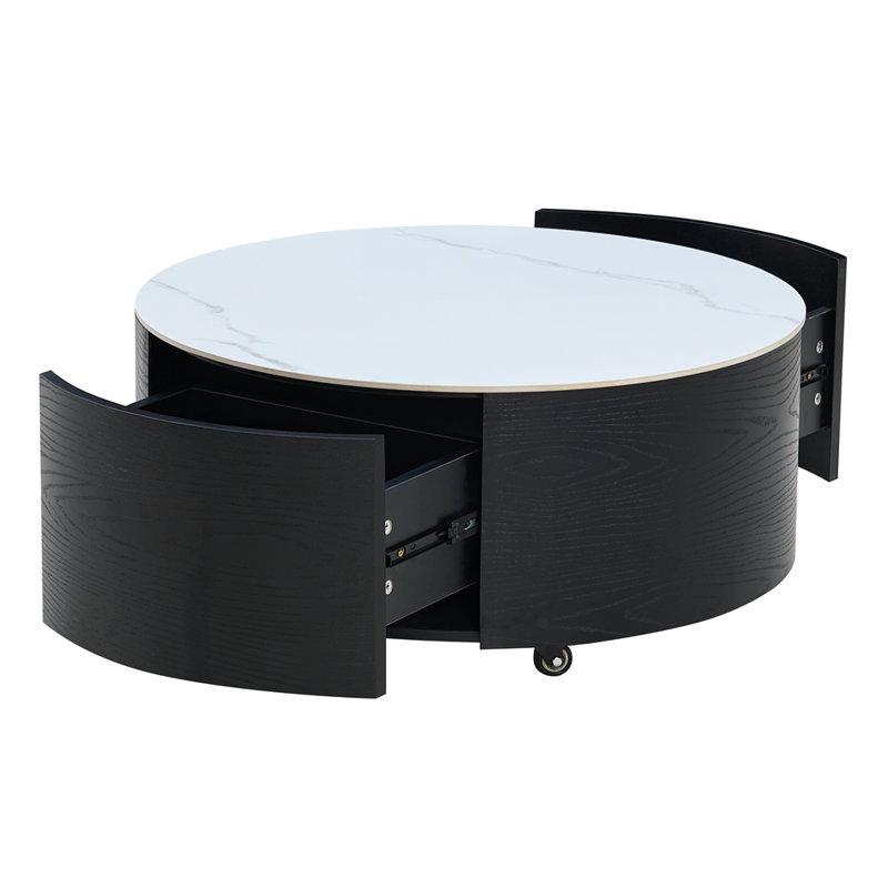 Table basse ronde moderne avec roulettes, 2 tiroirs et plateau en marbre fritté durable, Noir