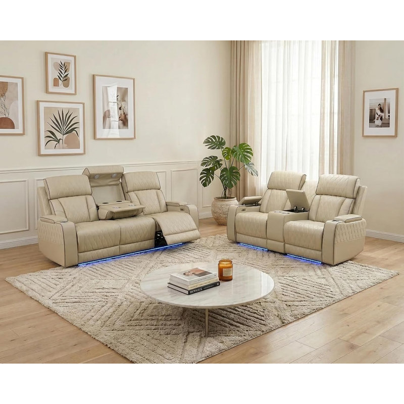Ensemble de canapé inclinable électrique 2 pièces avec éclairage DEL, recharge sans fil, ports USB et console de rangement