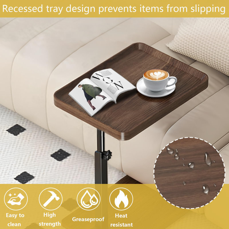 C Table End Table Adjustable Height, 360°Swivel TV Tray Table For Small Spaces, C Shaped Side Tables With Wheels, Walnut