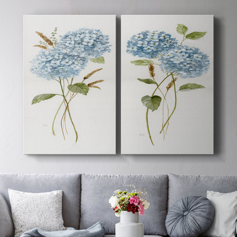 Petite toile d'hortensia bleue I-Premium avec toile tendue - prête à être accrochée, 27" H x 18" W