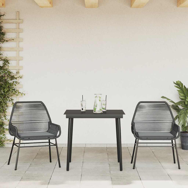 Patio Dining Set With Cushions Poly Rattan Glass, 29.1" H x 31.5" W x 31.5" L, 2, Black/Black