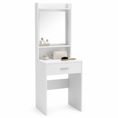 White Dressing Table with Mirror Drawer and Padded Stool Vanity Set