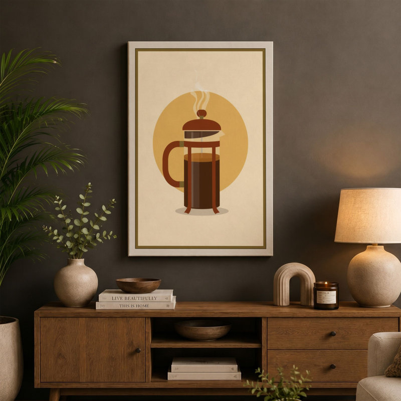 French Press Ritual Mid-Century - Wrapped Canvas, Ochre Border, 30x20 - 76.2 x 50.8 cm