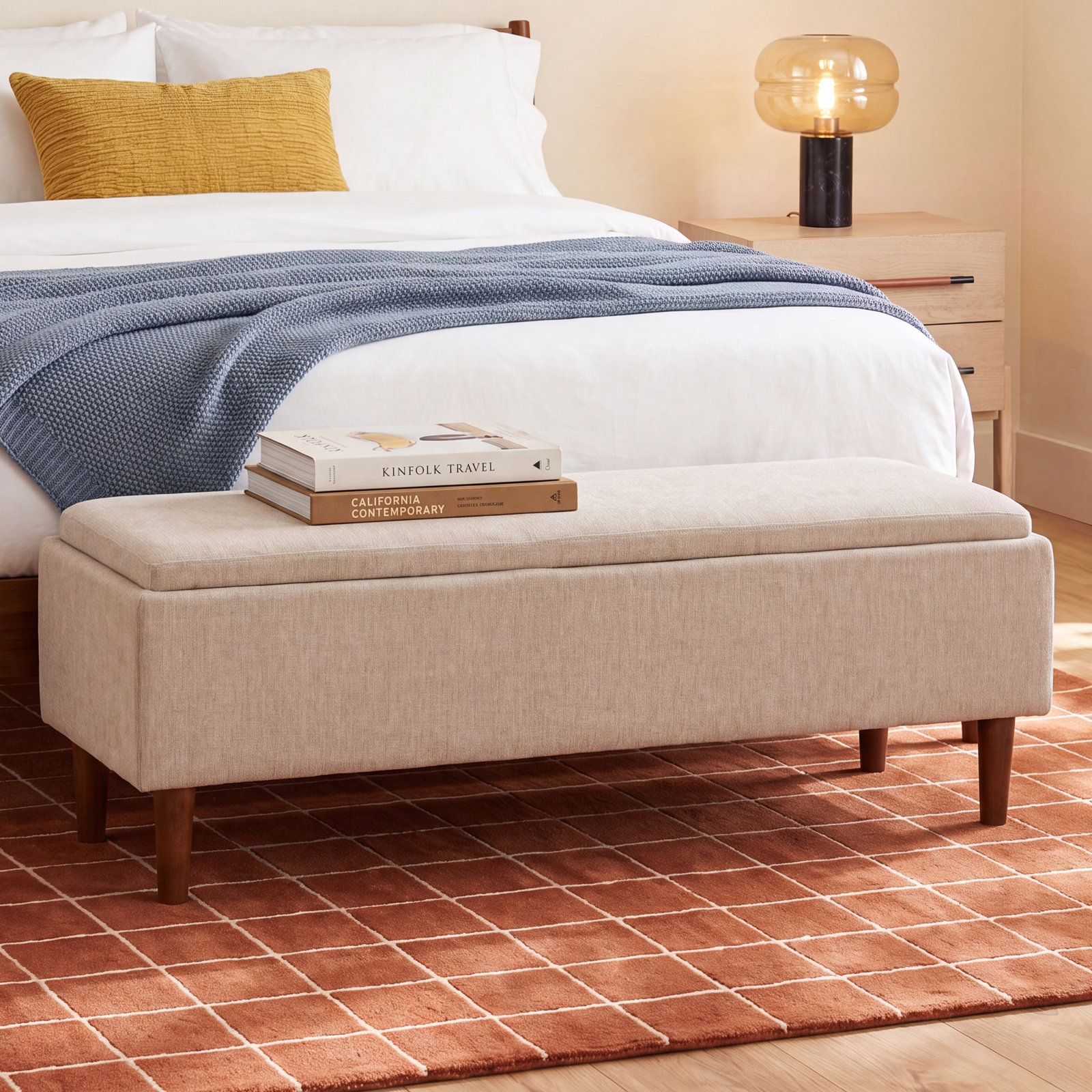 Rama Storage Bench, Honeycomb Taupe Chenille