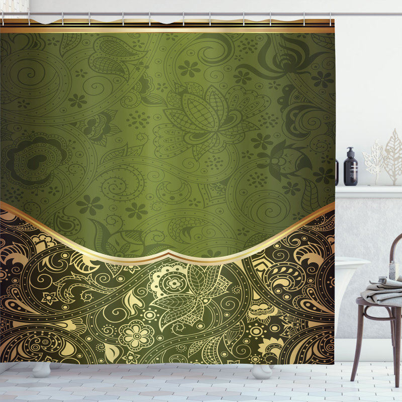 Green and Gold Floral Fabric Shower Curtain with Hooks