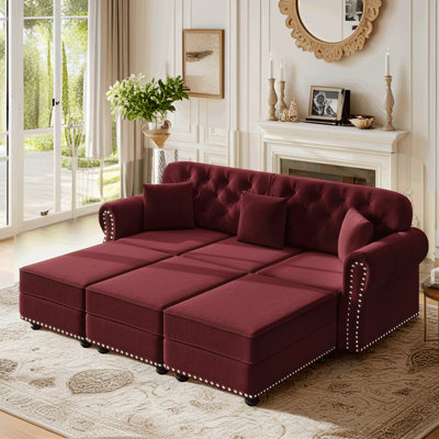 Canapé Chesterfield moderne de style Mid-Century rembourré en velours de 82,6 po avec garniture cloutée et capitonné, avec 2 coussins et 3 repose-pieds