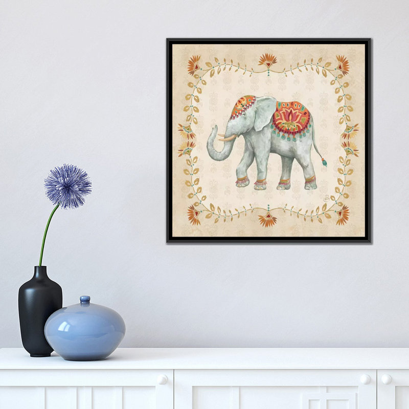« éléphant walk v », reproduction sur toile tendue, H 18 po x l 18 po x P 1,5 po, Toile avec cadre noir, Pas de tapis