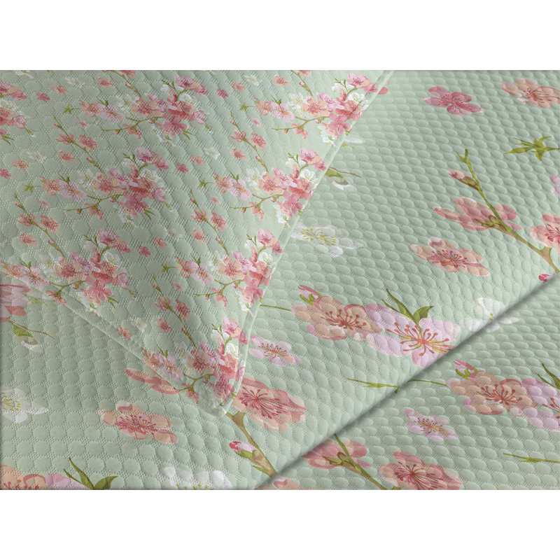 Ambesonne Flowers Bedspread Set Retro Spring Blossoms Mint Pink