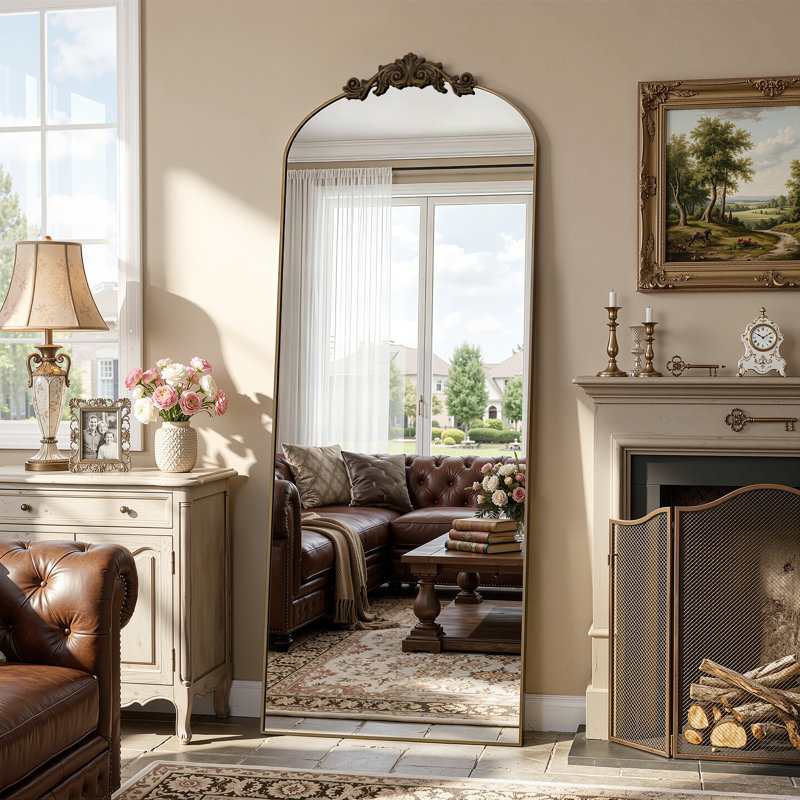 Vintage Arched Full Length Mirror with Carved, Oversized Floor Mirrors for HomeDecor, 71" x 28", Bronze