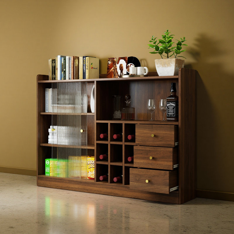 Buffet avec 2 portes coulissantes en verre rayé, armoire de rangement de comptoir pour bouteilles