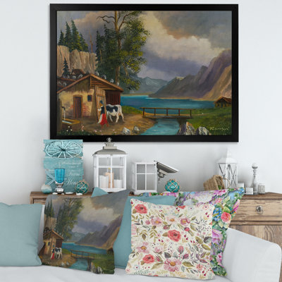 Femme amenant la vache dans l'écurie au bord d'un lac - Peinture sur toile