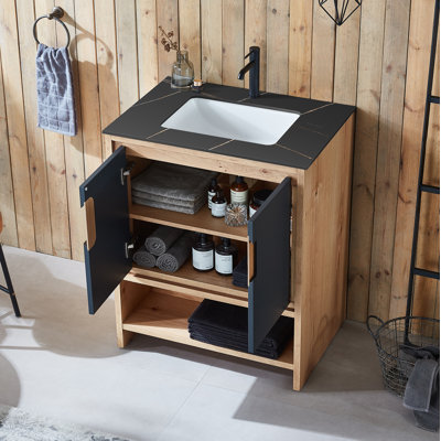 Meuble-lavabo moderne autoportant en placage de noyer naturel 30 po Tomesia (comptoir noir)