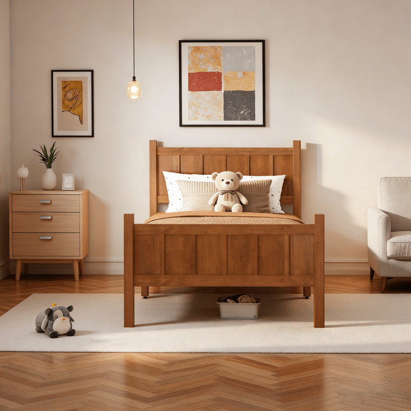 Modern Platform Bed With Headboard, Light Walnut, Twin