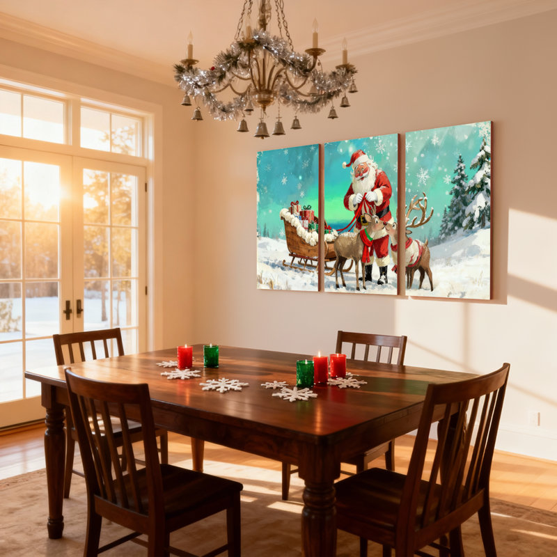 Ensemble de 3 impressions sur toile de Noël, père Noël avec renne et traîneau, H 30 po x l 60 po