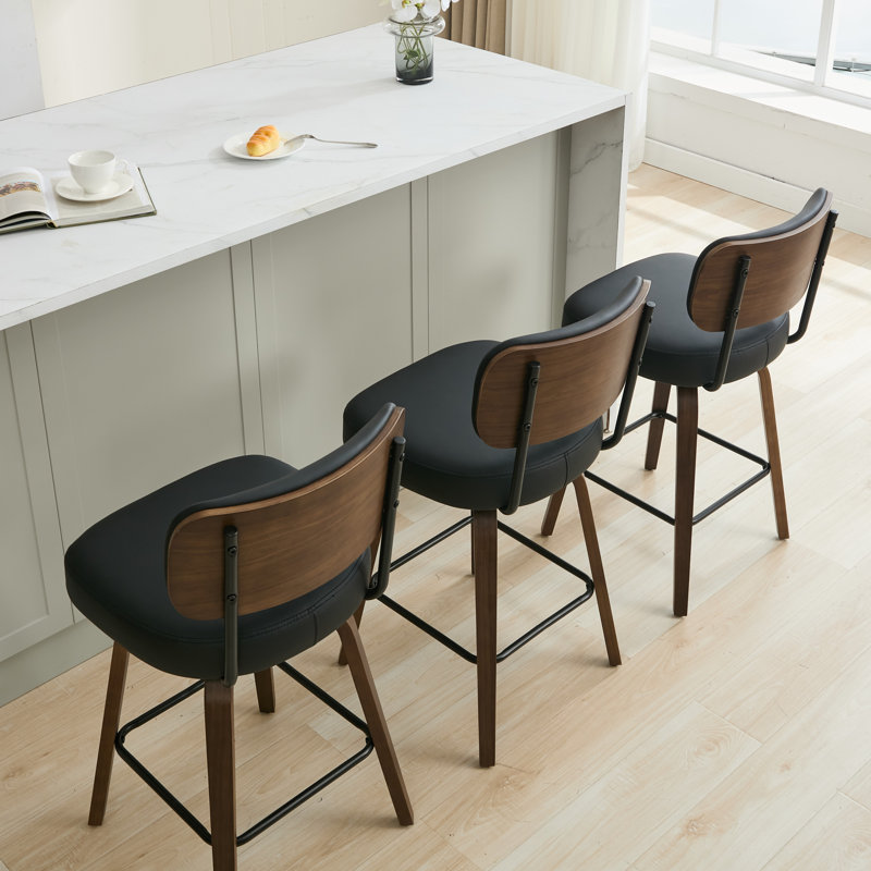 26" Swivel Upholstered Counter Stool with Walnut-Finish Bentwood Frame, Black, 4