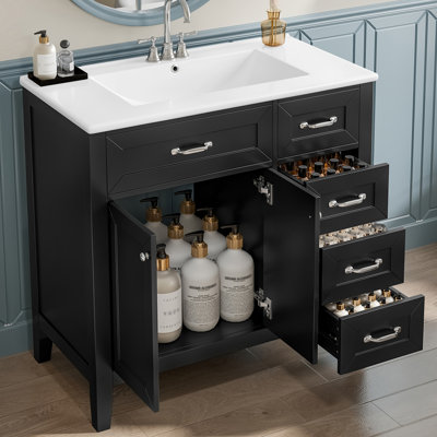 Meuble-lavabo 36 po avec lavabo, meuble-lavabo noir avec tiroirs, structure solide et panneau de fibres à densité moyenne
