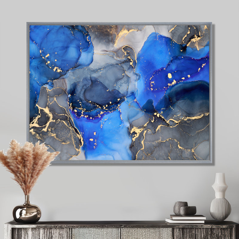 «Blue and Black Luxury Abstract Fluid Art I», reproduction d'art sur toile, H 16 po x l 32 po, Argent argent