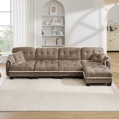 Canapé en forme de L en chenille avec 4 coussins, repose-pieds mobile et garniture capitonnée matelassée de conception ergonomique, canapé à assise profonde facile à assembler pour le bureau du salon, appartement, brun