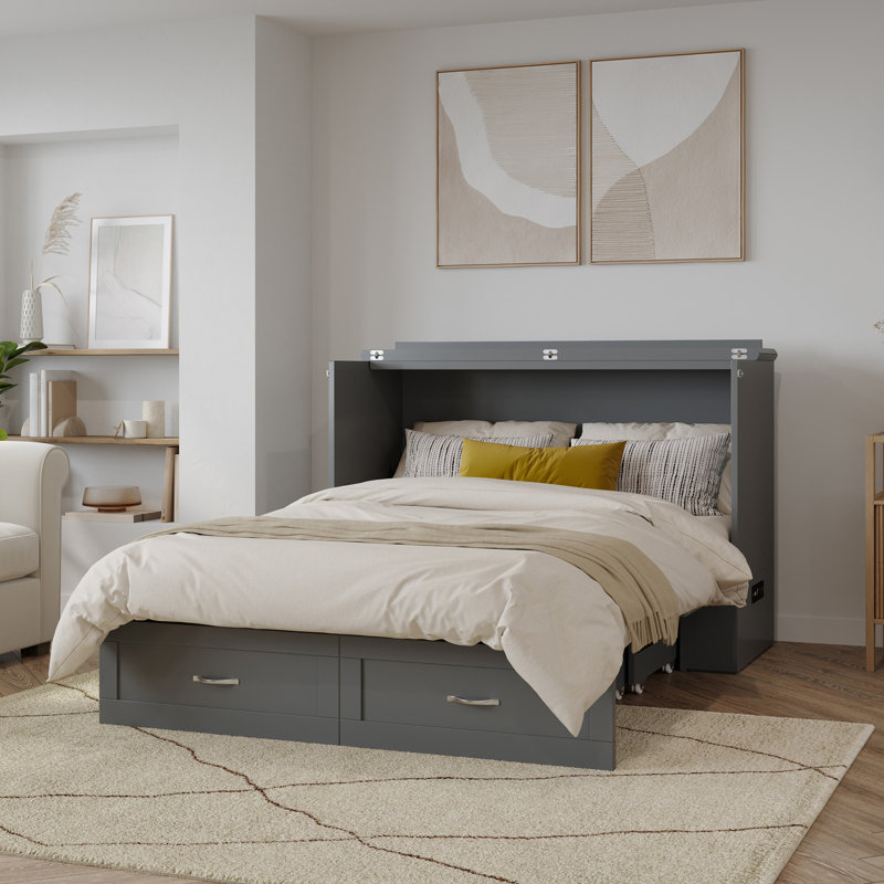 Alara Murphy Bed Chest with Storage and Built-in Charger, Full, Grey