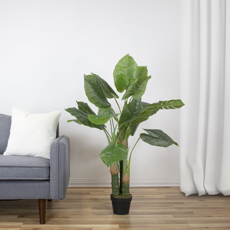 47" Potted Two Tone Green Wide Taro Leaf Artificial Floor Plant