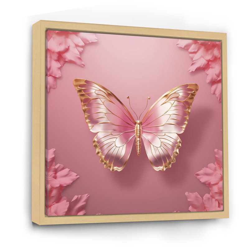 Papillon rose et or II - art mural papillon pour le salon, Cadre naturel flottant, H 30 po x l 30 po x P 1 po