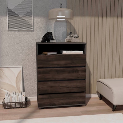 Commode 4 tiroirs avec rangement spacieux et poignées modernes, gris mat