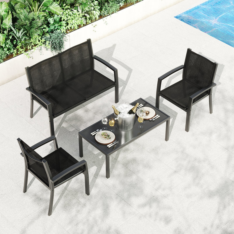 4-Piece Patio Bistro Set – Outdoor Conversation Set with Loveseat, 2 Chairs & Glass Table – All-Weather Textilene Fabric & Steel Frame Furniture for Backyard, Poolside, Porch - Black