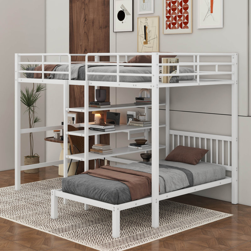 Full Over Twin Metal Bunk Bed With Built-In Desk, Shelves And Ladder, White
