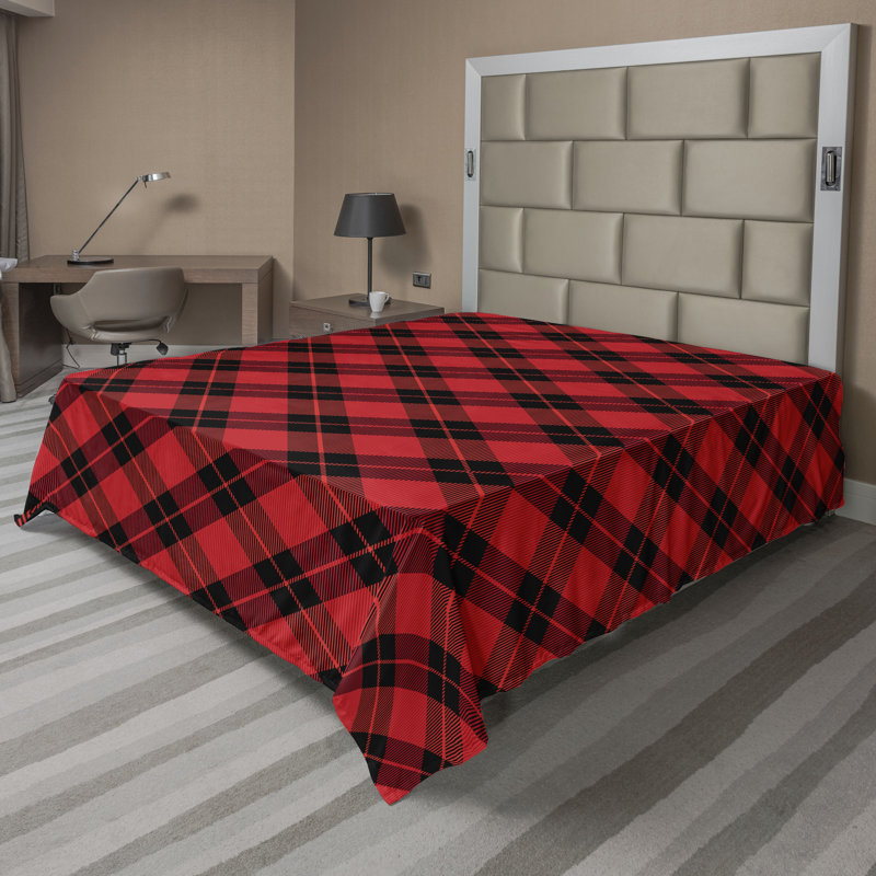 Drap plat moderne de style bohème Ambesonne, Carreaux noirs et rouges, Drap plat pour très grand lit californien