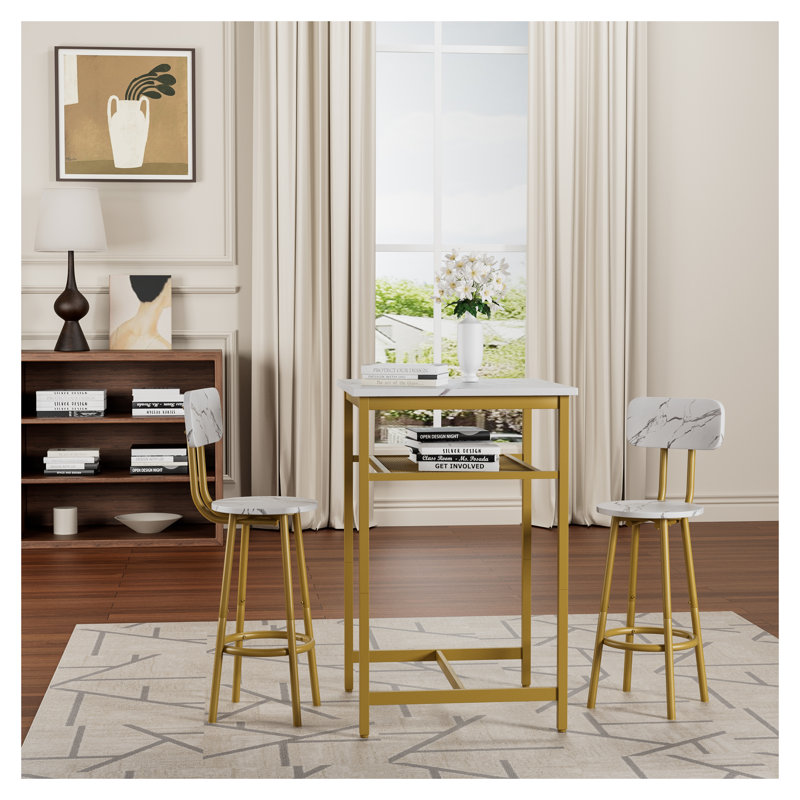 Bar Table Set with 2 Bar Stools, Counter Height Kitchen Bar Furniture with Backrest, Modern White & Gold Compact Bar Set for Small Spaces
